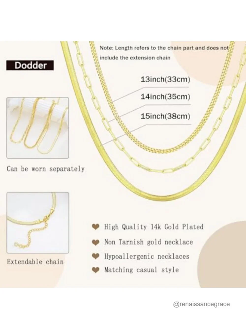 14K Gold Plated Layered Necklace Set for Women - Herringbone, Paperclip, Cuban